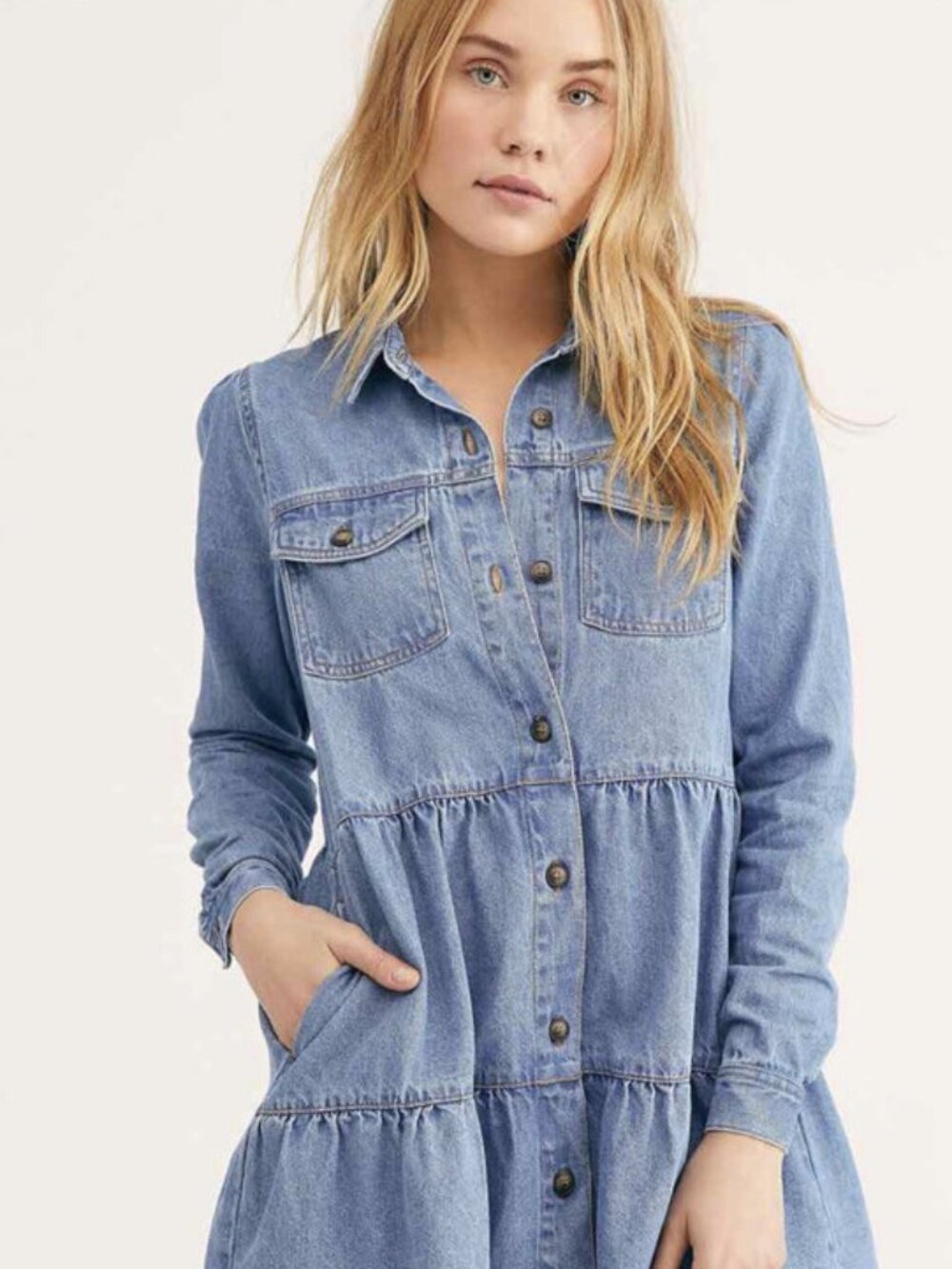 Free People Nicole Denim Tiered Babydoll Mini Shirtdress Size M